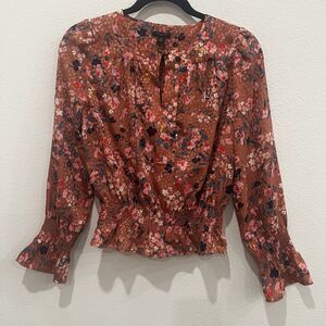 ANN TAYLOR Bright FLOWY Floral Blouse Pleated Tulip Sleeves & Waist  Sz Xs Petit